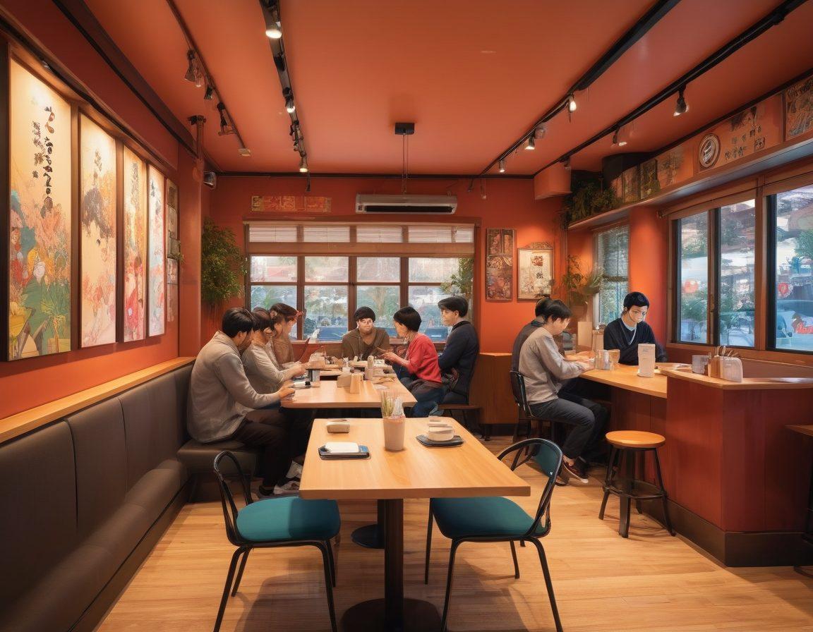 A vibrant and dynamic illustration showcasing an animated scene of diverse manga enthusiasts engaged in discussions, with colorful manga art and characters prominently displayed on walls and screens. Blend elements of modern technology, such as tablets and VR headsets, to reflect contemporary entertainment mediums. Include a cozy cafe setting with soft lighting, and characters expressing joy and excitement. The atmosphere should be lively and inviting, encapsulating the essence of the adult manga community. super-realistic. vibrant colors. cozy ambiance.