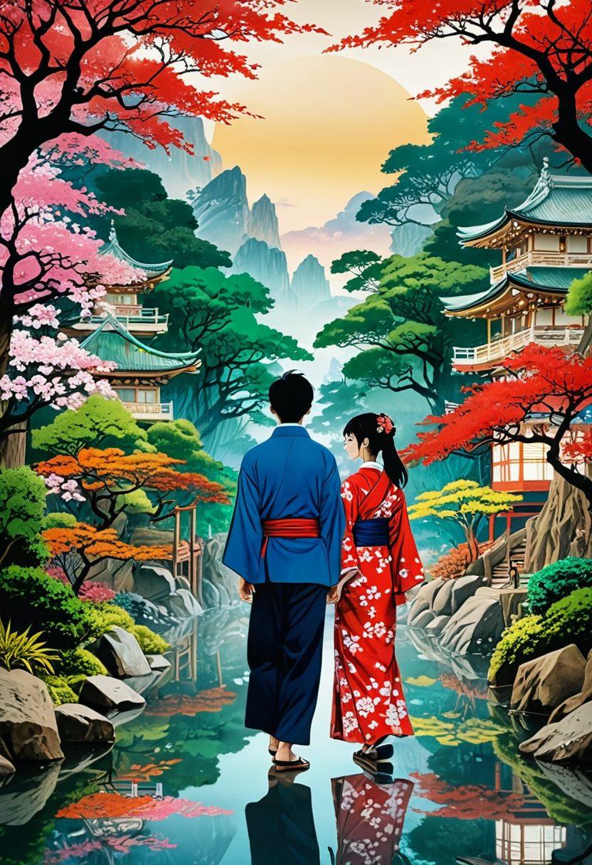 A captivating collage of intricate adult manga panels, featuring vibrant characters in a lush, fantasy setting. Include subtle hints of the cultural influences, like traditional Japanese motifs blended with modern artistic styles. The background should evoke a blend of adult themes and creativity, with ethereal elements that represent allure. Artistic flair should convey the warmth and complexity of the stories within. super-realistic. vibrant colors. manga art style.